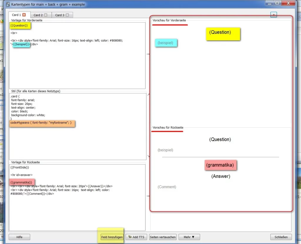 Anki Vorlagen bearbeiten