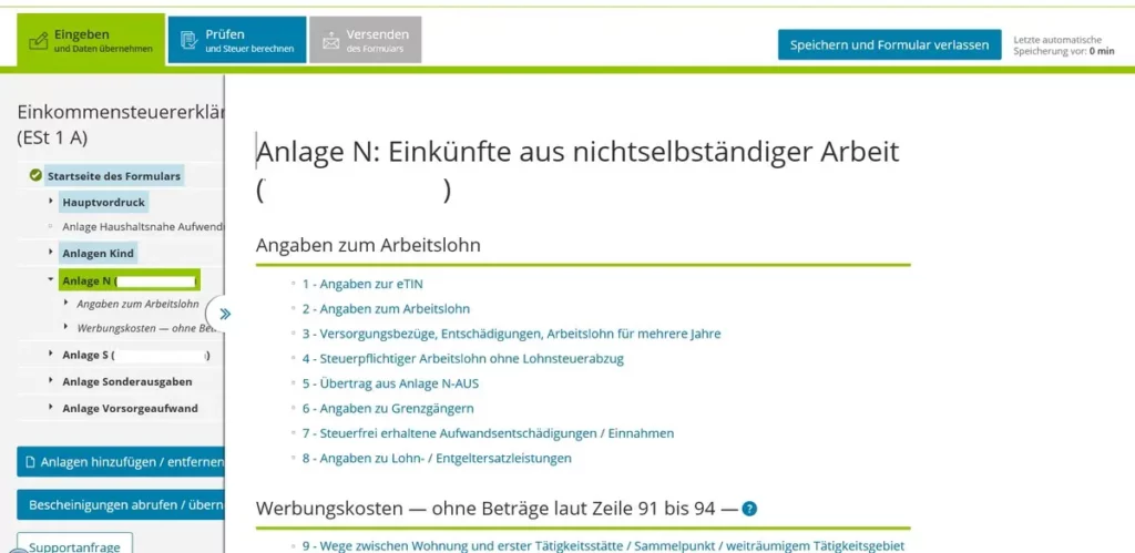 German income tax declaration Anlage N