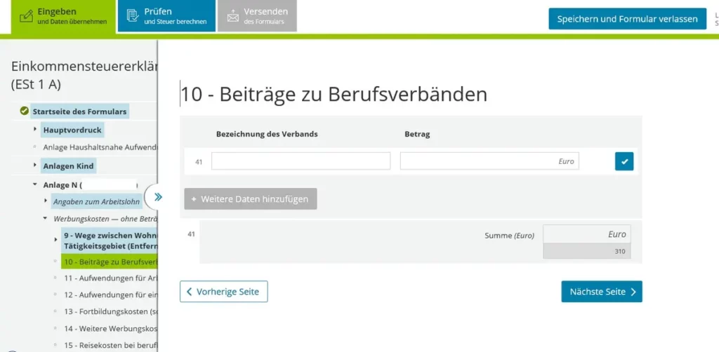 German tax return Anlage N working expenses Werbungskosten