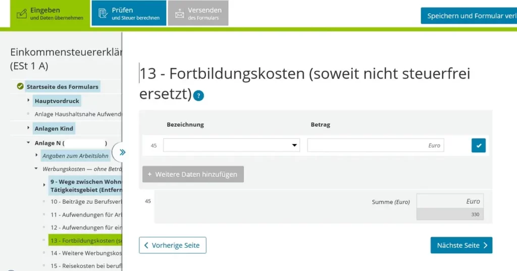 German tax return Anlage N working expenses Werbungskosten