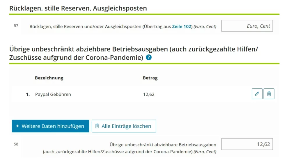 Zeile 58 – und andere unbegrenzt abschreibbare Ausgaben. Es empfiehlt sich beispielsweise, hier die Gebühr von PayPal einzutragen.